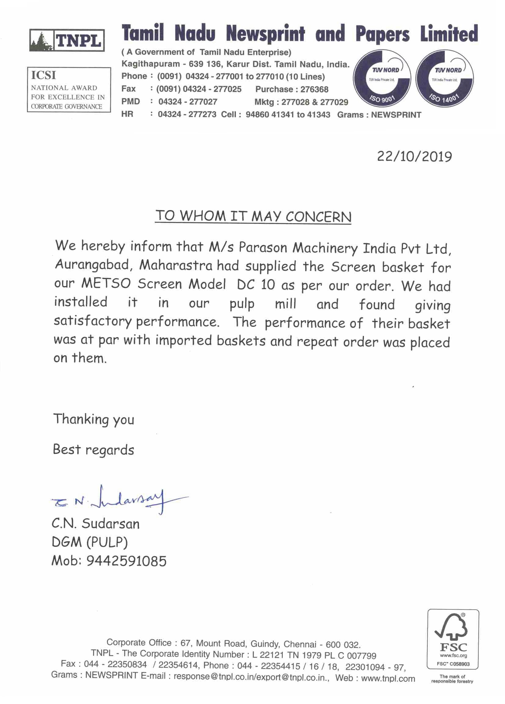 Tamil Nadu Newsprint & Papers Ltd (TNPL) appreciation letter